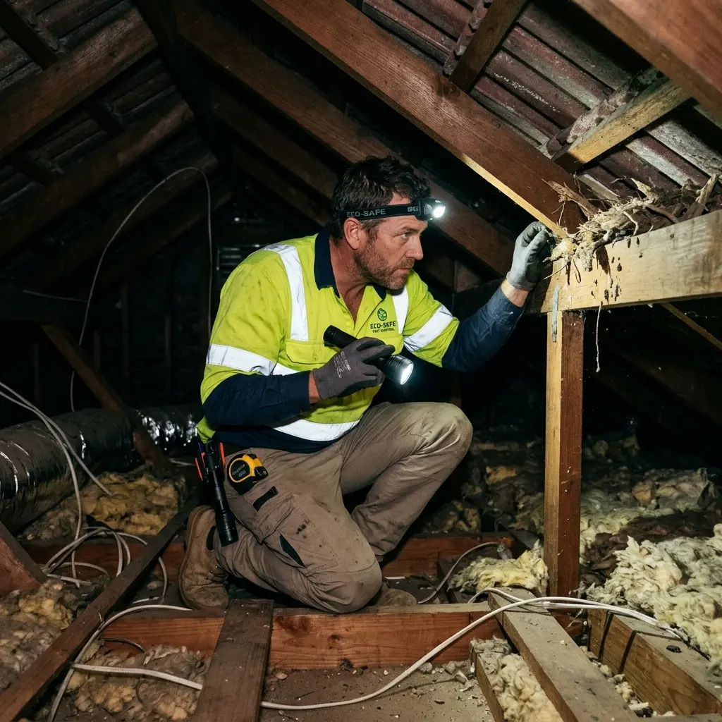 Technician inspecting a roof cavity for a dead animal in Tuerong
