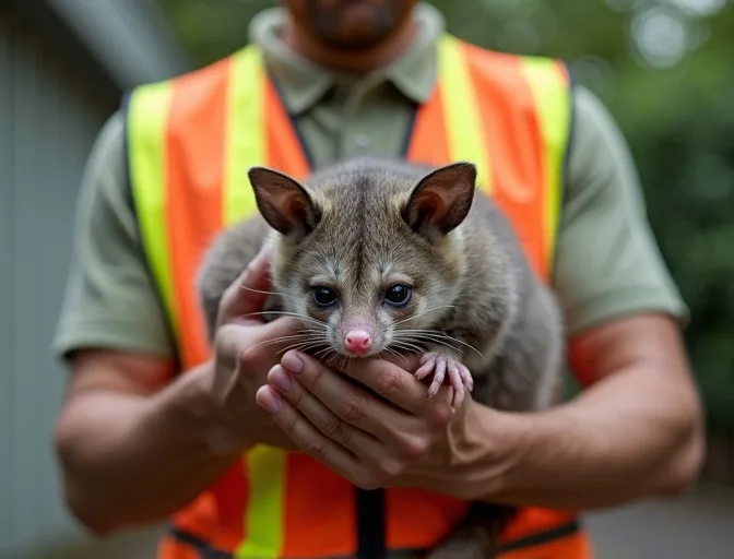 Animal handler safely recovering a deceased possum in Tuerong