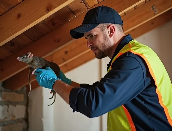 Technician inspecting a roof cavity for a dead rat in Tuerong